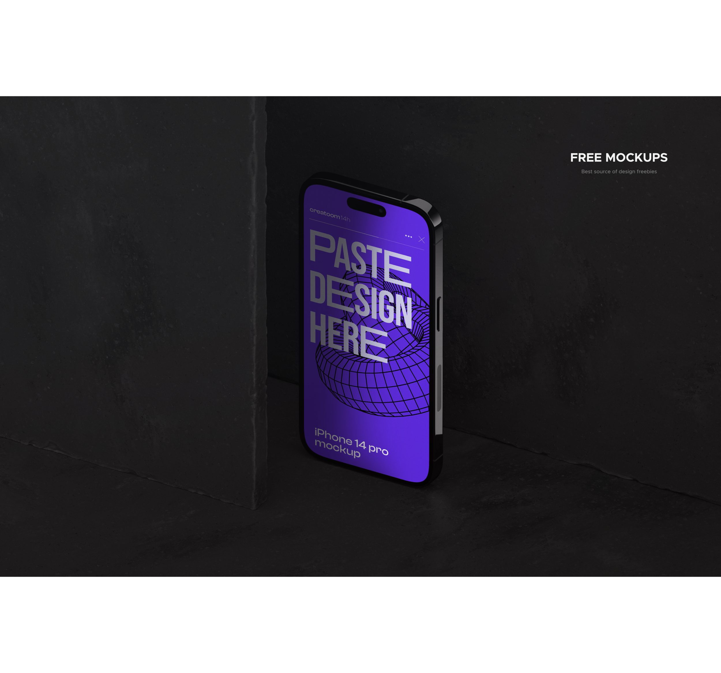 Frontal Isometric View Dark Design iPhone 14 Pro Free Mockup
